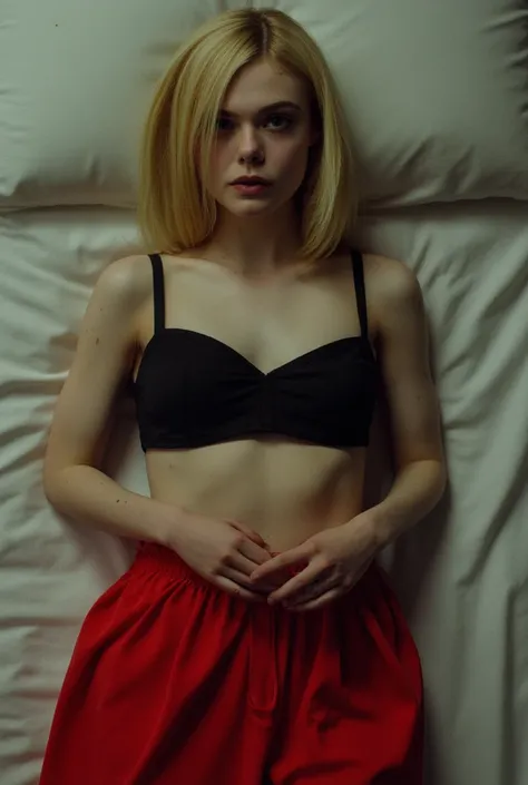 View from above, Lying limp on a bed drunk, black bra with thin straps and short red skirt, blonde bob cut hair, drunk face, blank look