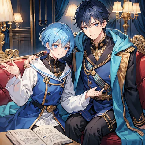 Blue Hair, Navy Hair, Short Hair,  Wizard,  male student, Prince, Light clothing, Smile , luxury, Sofa