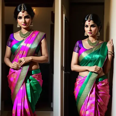 Woman in her 40s,  she wore an elegant saree with a warm and sexy design in the colors light pink and light green, black blouse(design printed),  beautiful body , deep neckline visible through the sari , Model pose,  curvaceous figure , pose lateral