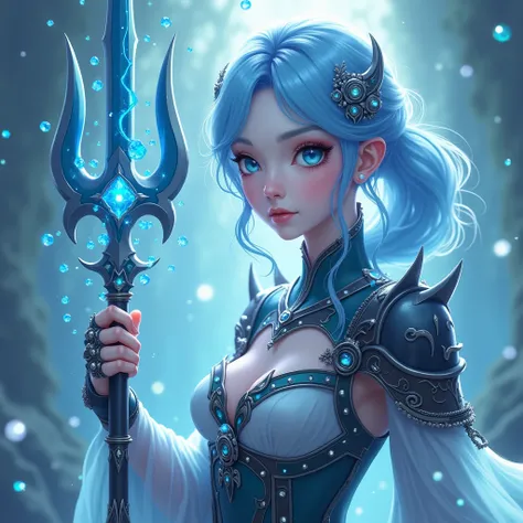  She is a mystical Aqua-type warrior and attribute Dark ,  radiating magical power and supernatural grace .  His face is youthful but marked by an intense look ,  with bright deep blue eyes that look like contain the infinity of the ocean .  His skin is pa...