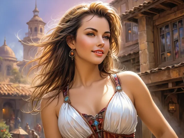 Stable Diffusion XL, high quality detailed and colorful half-body drawing graphics, beauty40s heroine portrait, smile, dynamic pose, random clothes, appearance and hair, romantic lighting, 8k oil painting, fantasy art combined with Luis Royo, Boris Vallejo...