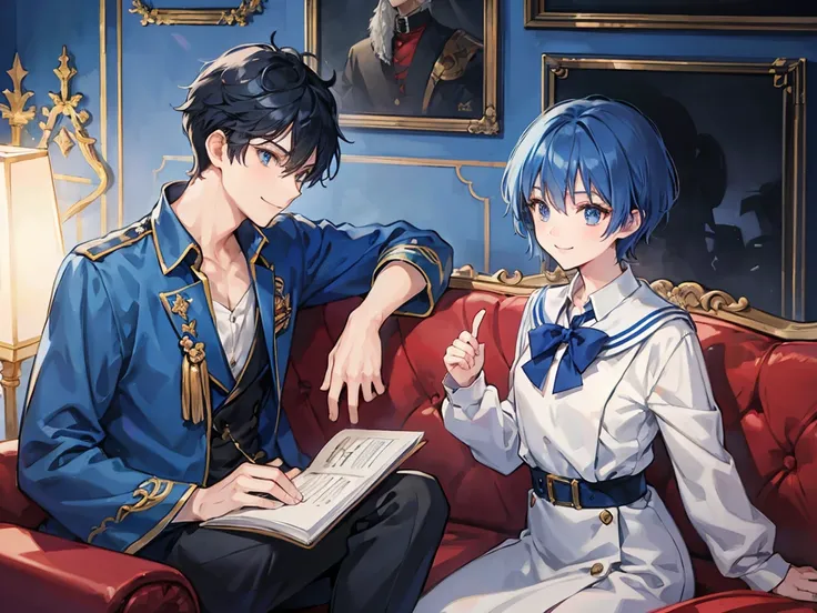 Blue Hair, Navy Hair, Short Hair,  Wizard,  male student, Prince, Light clothing, Smile , luxury, Sofa