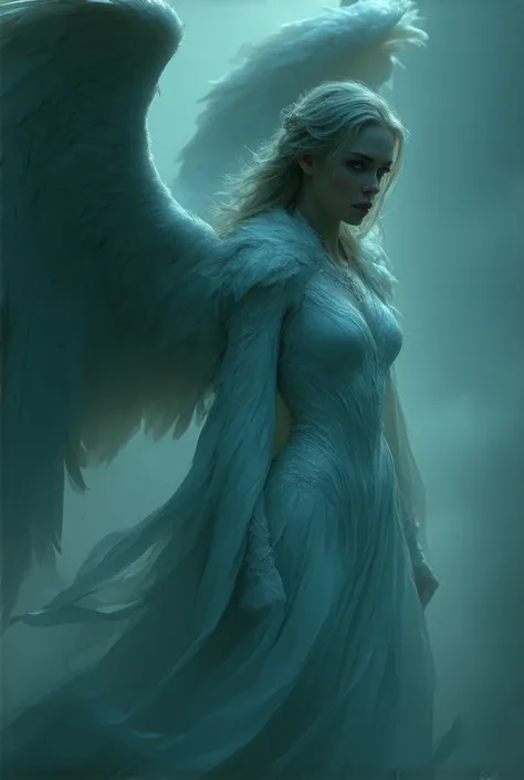  Beautiful angel fighting with wounds against a sphinx  (blue-eyed blonde angel ,  fantasy woman strong and beautiful body perfect and covered in wounds)