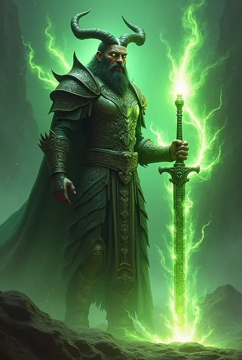 Viking Anubis ,sword of fire , green fire arc, powerful armor 