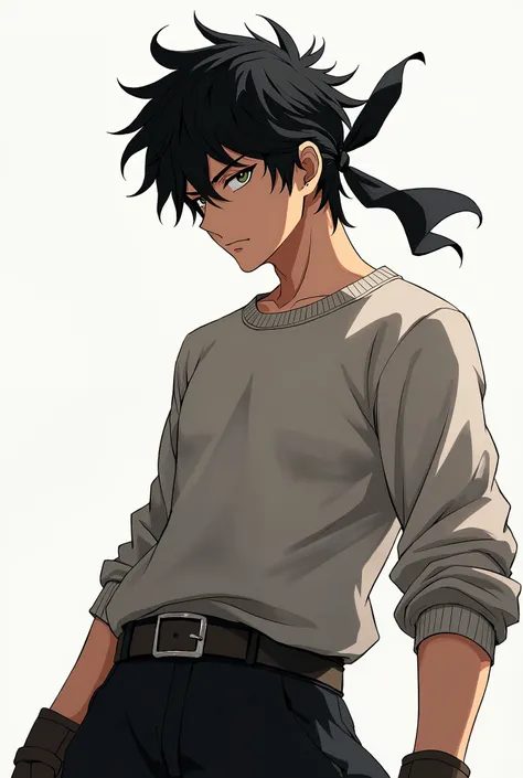 a messy black-haired young man with a black headband tied around his sweater head,in a heroic pose,full body