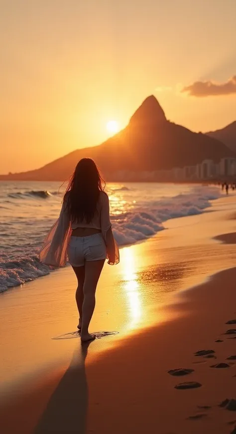 The image captures a serene and nostalgic sunset scene on a beach inspired by Rio de Janeiro. The sky is painted with warm, glowing hues of gold, pink, and soft orange as the sun sets on the horizon, casting a peaceful glow across the landscape. Gentle oce...