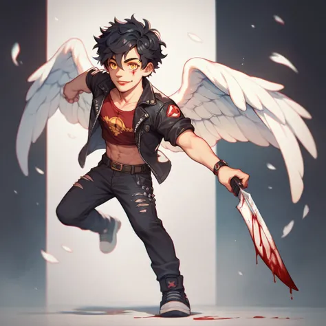 Chibi man,solo,handsome face,yandere, blood on him, knife in a hand, shaggy hair style,black hair,punk rock dark clothes,majestic red angel wings,full body, yellow eyes, detailed eyes, dynamic pose, no background