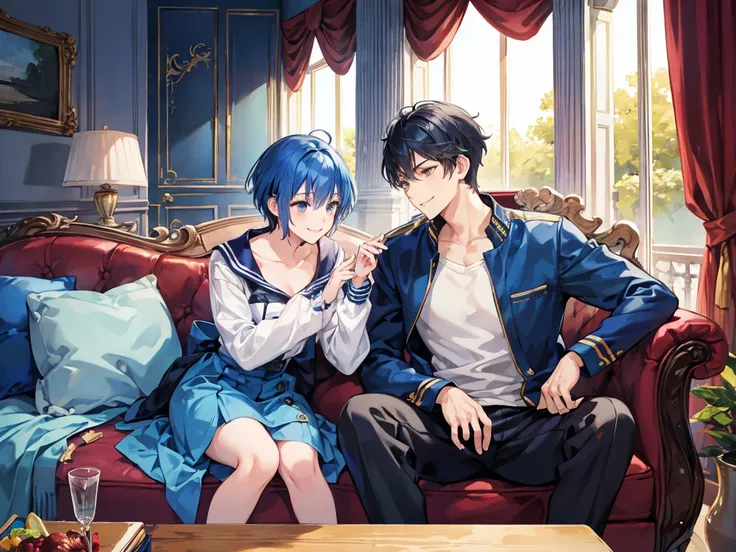 Blue Hair, Navy Hair, Short Hair,  male student, Prince, Light clothing, Smile , luxury, Sofa