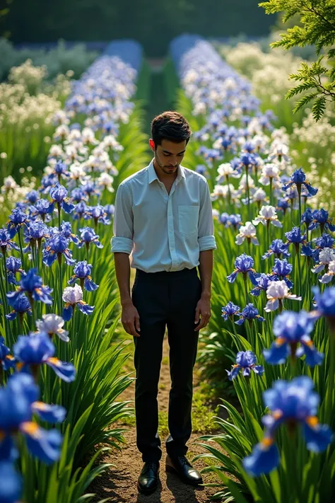 A man Ina a garden of irises with a high angle shot