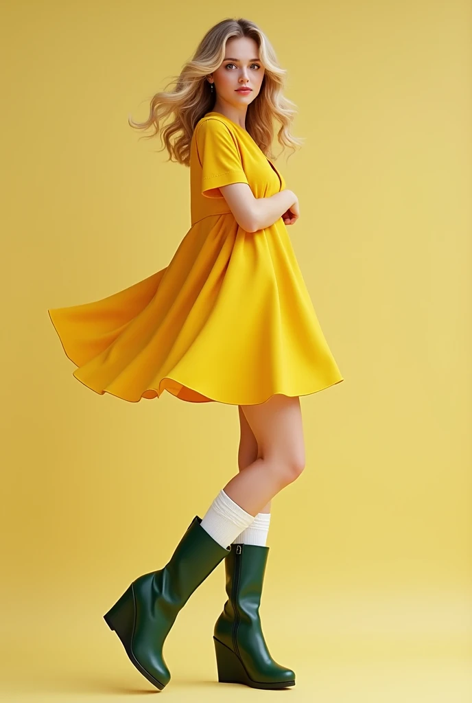 Draw a woman wearing yellow dress with white knee high socks and dark green knee high boots 