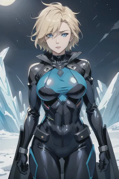 Beautiful Moonlit Night. 4K,  top quality , Cinematic,   detailed、female beautiful criminal solo　A rider suit that fits a black body and covers the whole body　Black long coat over it　 Short Blonde Hair 　Ice Blue Eyes　Hair covers one eye　 Sporty Body 