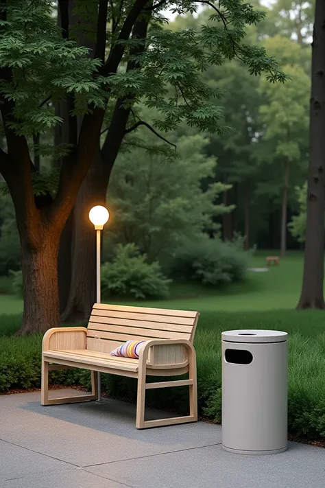 outdoor bench design with matching outdoor lamp and park trash bin