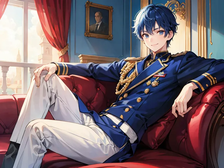 Blue Hair, Navy Hair, Short Hair,  male student, Prince, Light clothing, Smile , luxury, Sofa