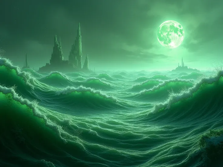 Make a horizontal background of realistic and half-tech futuristic green waves, magical world