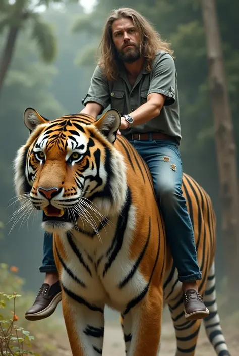 An unkempt, long-haired man dressed casually in a jean while riding a large black and white tiger in his head 