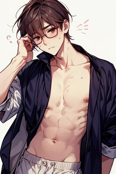 make yuki taking off his clothes making him revealed his slim, untrained and smooth body, his dick is out and he try to cover it with his hand, his big round glasses is still on him. he is embarrassed and his cheek is red, hes also sweating because of the ...