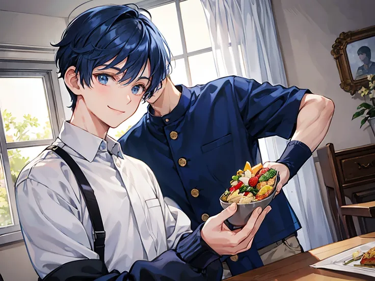 Blue Hair, Navy Hair, Short Hair,  male student, Prince, Light clothing, Smile , luxury, meal