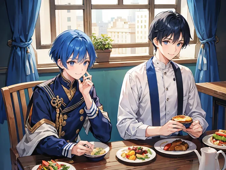 Blue Hair, Navy Hair, Short Hair,  male student, Prince, Light clothing, Smile , luxury, meal