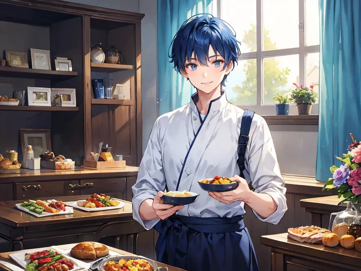 Blue Hair, Navy Hair, Short Hair,  male student, Prince, Light clothing, Smile , luxury, meal