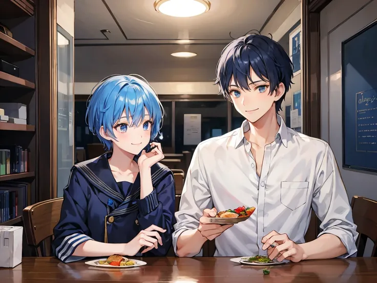 Blue Hair, Navy Hair, Short Hair,  male student, Prince, Light clothing, Smile , luxury, meal