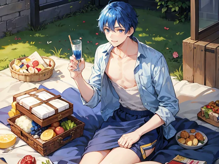 Blue Hair, Navy Hair, Short Hair,  male student, Prince, Light clothing, Smile , luxury, picnic 