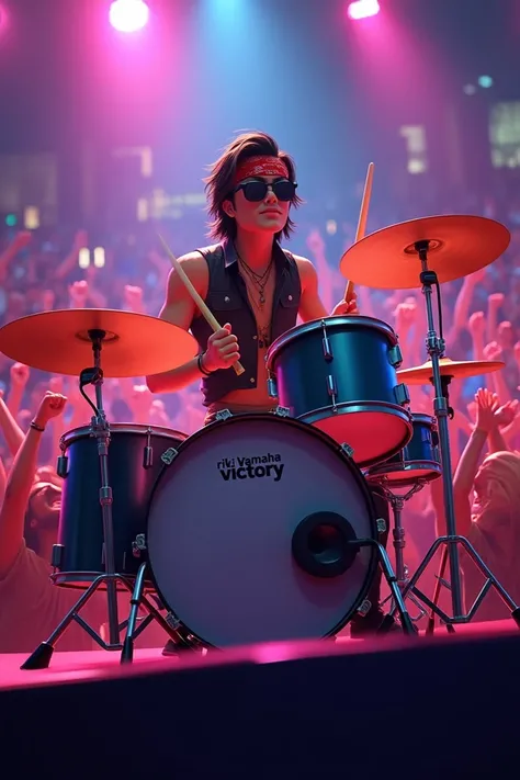 Animation of a  of two ,  dressed in rock star style wearing dark glasses , WITH A BANDANA ON THE FOREHEAD,  he is on a stage playing his drums at a rock concert,  on the drum drum is written the text  "Riki Yamaha Victory "  the audience vibrates and sing...