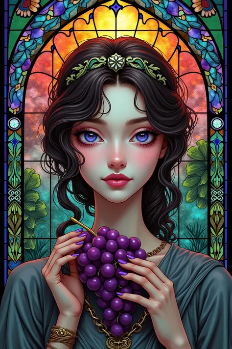 Глаза высокое качество a stained glass image of a woman holding grapes, maxim verehin stained glass, kilian eng vibrant colors, cyberpunk art nouveau, stained glass tarot style, kilian eng vibrant colours, art nouveau cyberpunk! style, inspired by Kilian E...