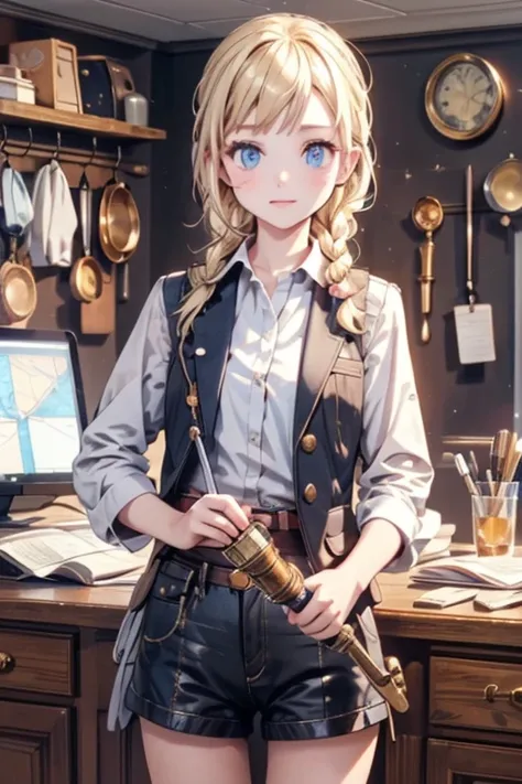 masterpiece, highest quality, Very detailed, 16k, Ultra-high resolution, Cowboy Shot, One  girl, Detailed face, Perfect Fingers, Golden Eyes, Blonde, Braid, A vest with many pockets, Shorts, Exploring knife, Safari Hat, compass, telescope, map, A cluttered...