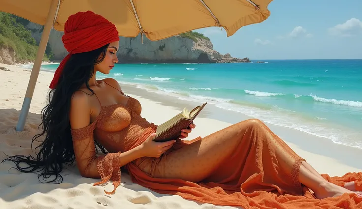 Une femme arabe dune beauté exceptionnelle. Elle porte un turban rouge sur la tête et ses très longs cheveux noirs bouclés couvrent ses épaules. Vêtue dune robe en dentelle marron transparente, elle dort sur le sable de la mer, sous un parasol, tenant un l...