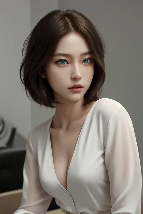 High quality, Masterpiece, High resolution, Beauty, girl of slightly Asian appearance, Model, subtle makeup, sly cat eyes, short hair: 1.2, long bob haircut, with slightly wavy brown hair, big green eyes, golden section, 25 years old,: 1.2, perfect face, p...