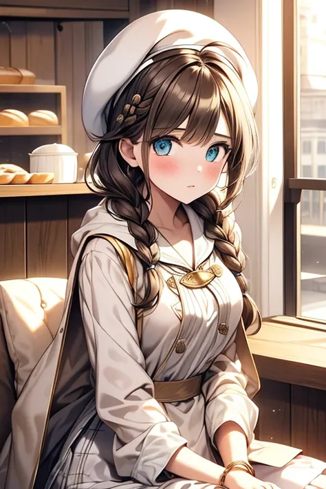 masterpiece, 1girl, sparrow, a brown haired girl, wearing a white medieval priestess clothes, curly short hair, messy hair, slim body, wearing golden capelet with hoody, he close her left eye, shirt ornament, aqua eyes, sho show her back, ahoge, black vest...