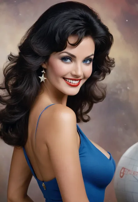 Side boob, Great big happy smile, red lipstick, blue eyeshadow, Spock as a beautiful young 18-year-old woman with Long, wavy curly hair, and great big giant bazoombas, topless, bare breasts, dark, brown stained wall with fog, in the background, Facial Port...