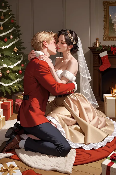 romantic atmosphere , Very detailed, High Resolution , masterpiece, Sharp focus, Official Art , Christmas, couple, man and woman, SFW, Christmas party, full body