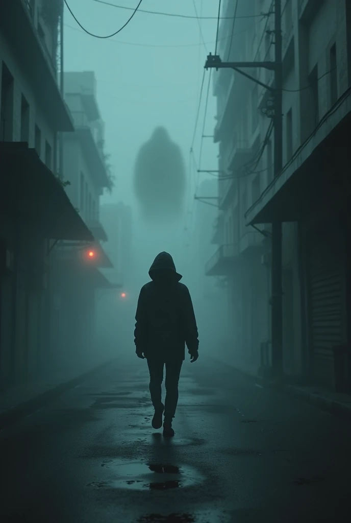  A person walking alone on a deserted street at night,  looking back with an expression of fear .  The scene is shrouded in thick fog , and theres an ominous silhouette in the background .

