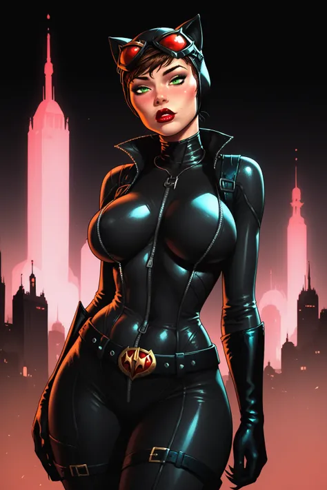 1girl, solo, huge_breasts, mask, catwoman, batman, animal_ears, catsuit, black_catsuit, huge_breasts, cat_ears, thick_thighs, lipstick, belt, city, cityscape, large_breasts, makeup, green_eyes, spandex, blush, night