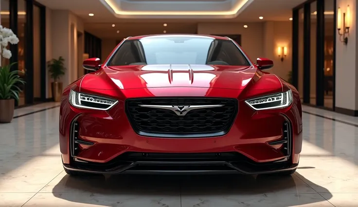 Create a hyper-realistic image of the 2025 Chrysler 300 from a front view, positioned perfectly centered in an upscale showroom. The car should feature a sleek, aerodynamic profile in a vibrant red color with subtle black accents that highlight its futuris...