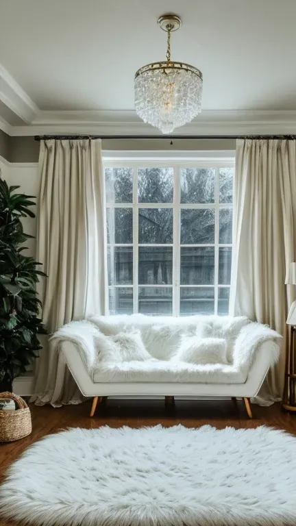 80s living room, dreamy, shine and gloss, white faux fur, hazy and misty, whimsical