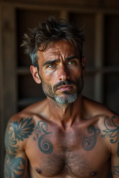 [Portrait of a shirtless man with tattoos, looking thoughtfully off-camera, appearing pensive and slightly vulnerable], [Photorealistic portrait painting], [Style reminiscent of Steve McCurrys humanitarian portraits, with a touch of Annie Leibovitzs intima...