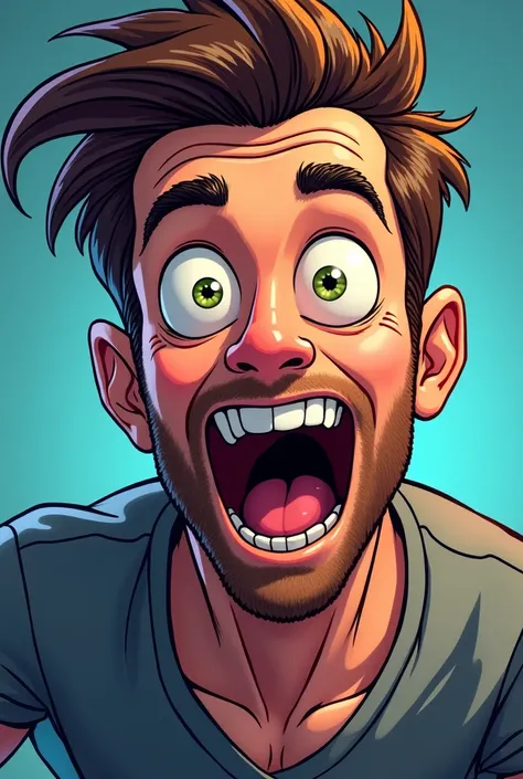 a humorous comic-style man with gray shirt, star-shaped eyes, extremely excited expression, close up portrait, vibrant colors, dynamic lighting, expressive features, dynamic composition, exaggerated details, cartoonish style, dynamic angles, dynamic pose, ...