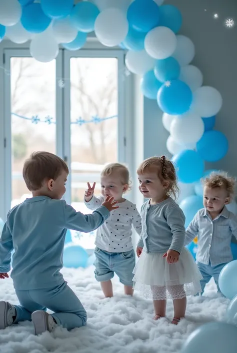 "A magical **snow icon baby party** with a theme of sky blue and silver. Over 15 s are enjoying the celebration, surrounded by decorations featuring snowflakes and snow icons. The venue is adorned with sky blue and silver balloons, ribbons, and snow-themed...