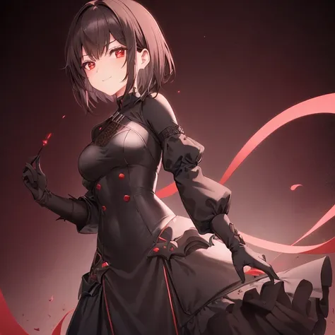 1 girl,  short brown hair ,shredded red eyes ,  calm look, little smile,  long sleeve short black dress, black gloves