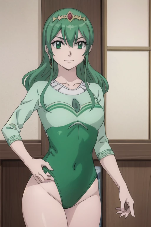 hisui, hisui, long hair, (green eyes:1.5), green hair, hair between eyes, jewelry, earrings, tiara, crown, gymnast tight leotard, long sleeves, looking at viewer, full body, (cowboy shot:1.5), indoors, castle, (masterpiece:1.2), best quality, high resoluti...