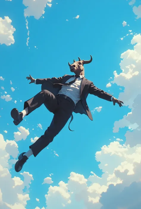  Third-person view of a horned horsehead in a work suit falling rapidly at high altitude， blue sky background，White Cloud，Motion Blur，High contrast between characters and background 