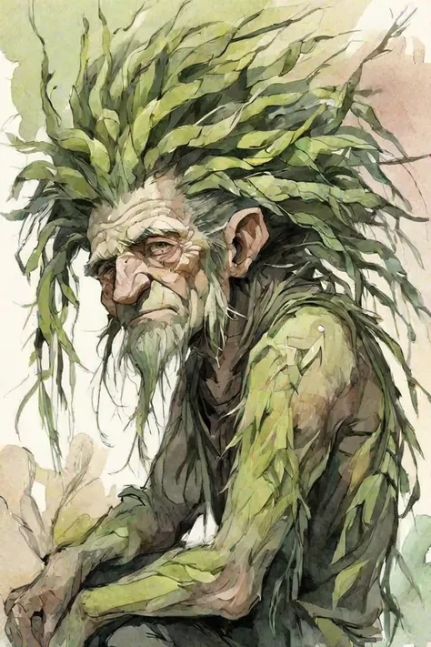 Old Man Willow creature, fantasy punk style watercolor sketch in artistic style, large strokes, finalized with ink, fine lines