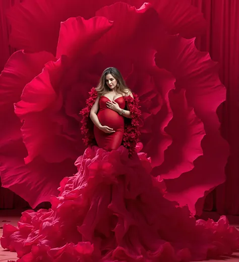 pregnant woman in red dress posing in large red flower, rich red colors, red magic surrounds her, maternal photography 4 k, in a red dream world, dressed in a beautiful red cloak, rich red, shades of red, draped with red hybiscus, the color red, red cloth,...