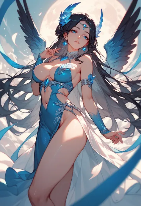 a hot anime moon goddess  girl wearing a beautiful dress and has long black hair and grey-ish blue  eyes and has wings.....