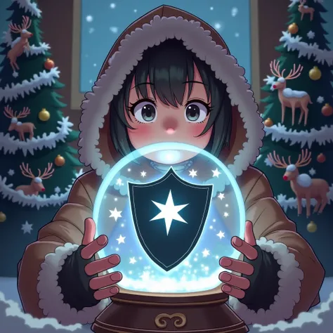  Close-up crystal ball , Reindeer Christmas Trees  , New Year&#39;garlands,   Very pretty A looks at her hands and looks at the crystal ball that has a black shield inside it with a white star in the center,   One with a hat with a hoodie and warm fur glov...