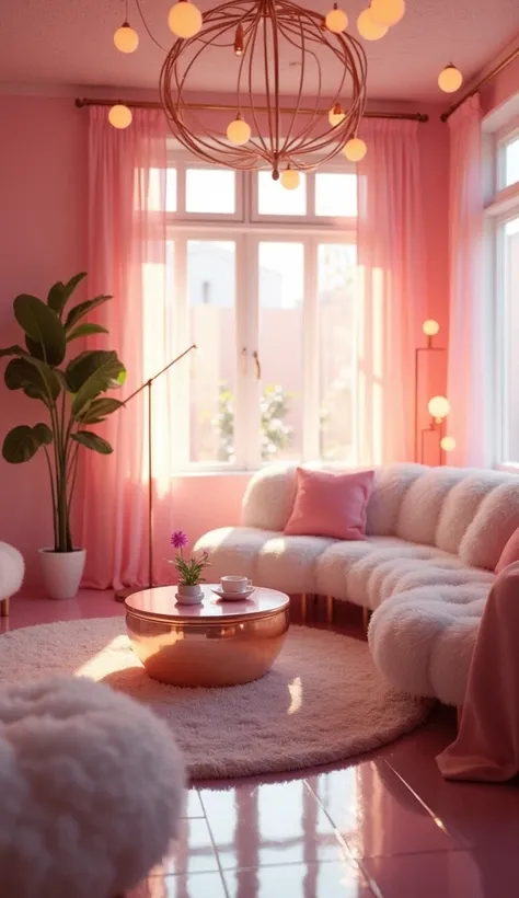 80s living room, dreamy, shine and gloss, white faux fur, hazy and misty, whimsical