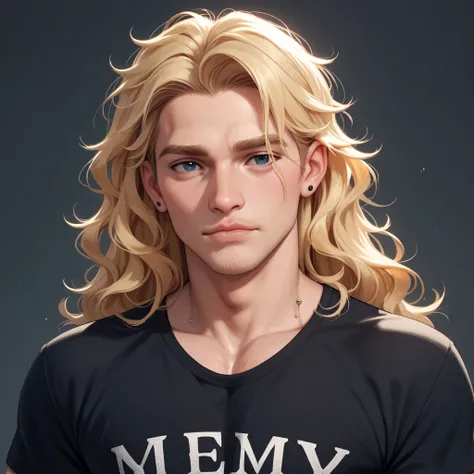 Portrait of a 26 year old man who has light, blonde, short, wavy hair. He has an athletic body. He has piercing under his bottom lip but above his chin. He has prominent cheekbones and is masculine. He has sharp, dark brown eyes (almost black eyes). Hes we...