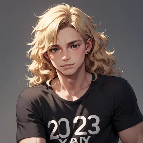 Portrait of a 26 year old man who has light, blonde, short, wavy hair. He has an athletic body. He has piercing under his bottom lip but above his chin. He has prominent cheekbones and is masculine. He has sharp, dark brown eyes (almost black eyes). Hes we...